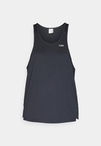 Débardeur de sport noir avec une texture en maille, un col rond et un petit logo blanc sur le coin supérieur gauche.