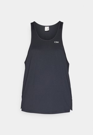 Black athletic tank top featuring a mesh texture, a round neckline, and a small white logo on the upper left.
