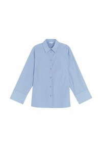 Ljusblå skjorta med knappar, vertikala vita ränder, långa ärmar, standardkrage och raka, breda manschetter. Avslappnad design.