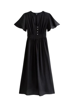 Abito midi nero con scollo a V, maniche corte a volant, vita aderente e quattro bottoni frontali lungo il corpetto, mostrato su sfondo bianco.