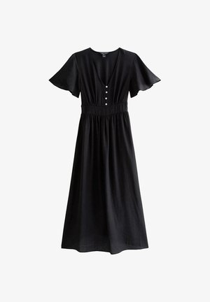 Abito midi nero con scollo a V, maniche corte a volant, vita aderente e quattro bottoni frontali lungo il corpetto, mostrato su sfondo bianco.