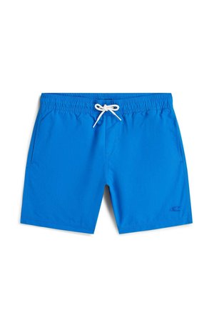 Svetlo modre kopalne hlače z elastičnim pasom in belim vrvico za zavezovanje, z bočnimi žepi in majhnim logotipom blizu roba.