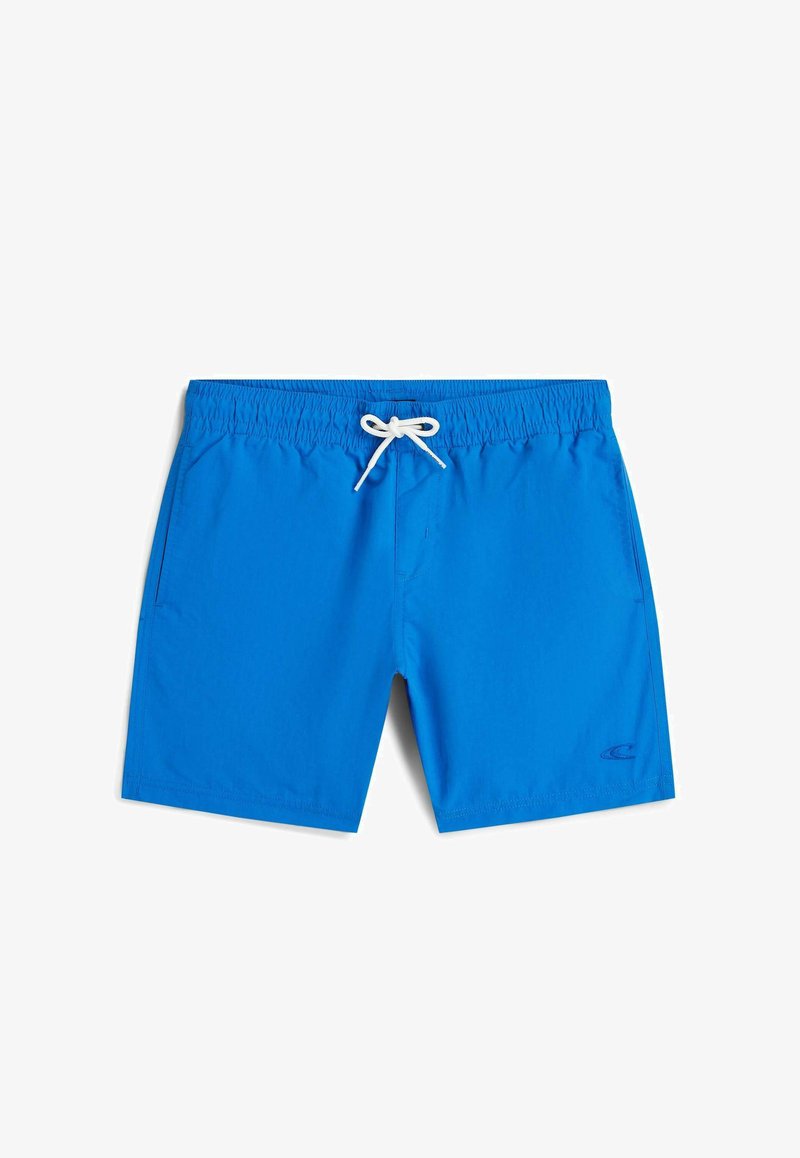 Short de bain bleu vif avec une taille élastique et un cordon blanc, doté de poches latérales et d'un petit logo près de l'ourlet.