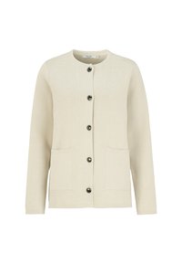 Beige cardigan med rund halsringning, långa ärmar, två framfickor och svarta knappar. Strukturerad tyg, enkel design.