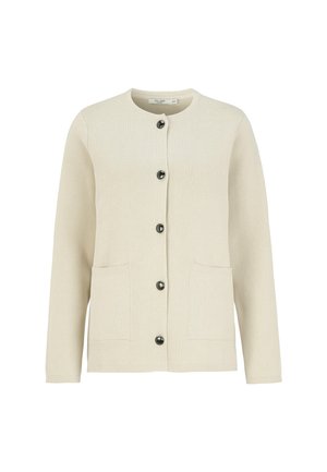 Beige cardigan med rund halsudskæring, lange ærmer, to forlommer og sorte knapper. Textureret stof, enkelt design.