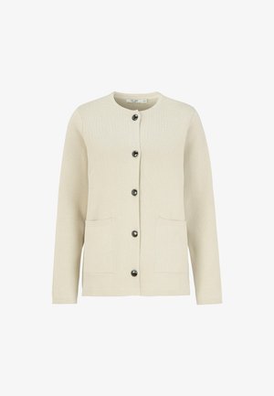 Beige cardigan with round neckline, long sleeves, two front pockets, and black buttons. Textured fabric, simple design.