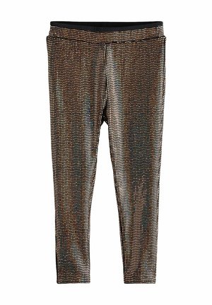Svarta leggings med en glänsande, texturerad yta, prydda med metalliska prickar i varierande färger arrangerade i ett mönstrat design över hela ytan.