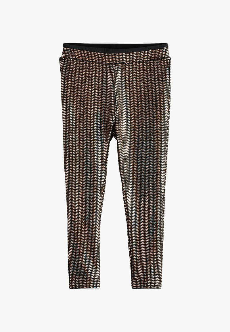 Schwarze Leggings mit einer glänzenden, strukturierten Oberfläche, die metallische Punkte in verschiedenen Farben aufweisen, die in einem gemusterten Design verteilt sind.