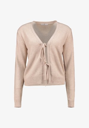 Beige cardigan with a V-neck, long sleeves, and a tie-front closure. The fabric is soft with a ribbed hem and cuffs, providing a textured finish.