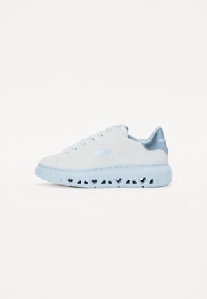 White sneaker with light blue accents, featuring a smooth upper, round toe, six eyelets, and a perforated midsole for ventilation.