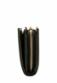 Czarny skórzany portfel z złotym zamkiem i teksturowanymi akcentami. Kompaktowa konstrukcja z wieloma przegrodami na karty i gotówkę.