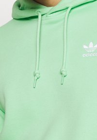 Mintgrön hoodie i en mjuk bomullsmix, med huva, dragskor med knoppar och en vit logotyp på bröstet.