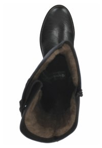 Botte noire en cuir, haute jusqu'au genou, avec un bout arrondi, doublure en fourrure et zip sur le côté. Les détails de couture rehaussent le design. Texture douce à l'intérieur.
