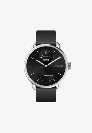 Schwarze runde Uhr mit silbernen Akzenten, ausgestattet mit einem Temperaturmesser und einem kleineren Ziffernblatt. Silikonarmband für Komfort und Langlebigkeit.