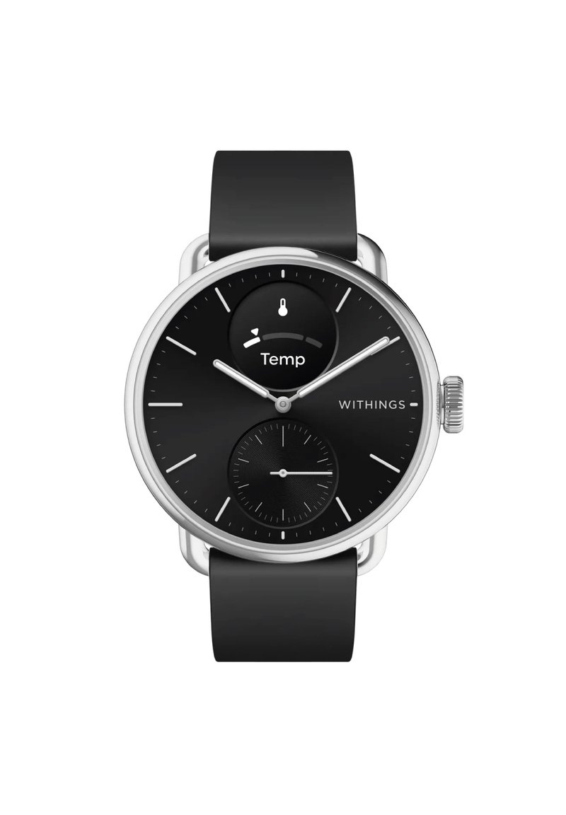 Schwarze runde Uhr mit silbernen Akzenten, ausgestattet mit einem Temperaturmesser und einem kleineren Ziffernblatt. Silikonarmband für Komfort und Langlebigkeit.