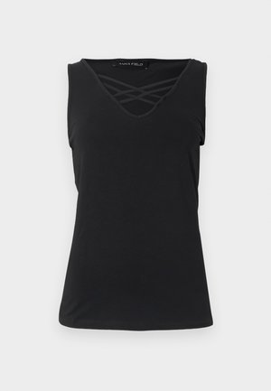 Μαύρο χωρίς μανίκια τοπ με V-λαιμόκοψη και σταυρωτή λεπτομέρεια στο λαιμό. Κατασκευασμένο από μαλακό, ελαστικό ύφασμα με εφαρμοστή σχεδίαση.