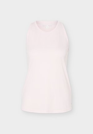 Ανοιχτό ροζ αθλητικό αμάνικο τοπ με στρογγυλή λαιμόκοψη, σχεδιασμένο για γυναίκες, εμφανίζεται σε απλό ανοιχτό γκρι φόντο.