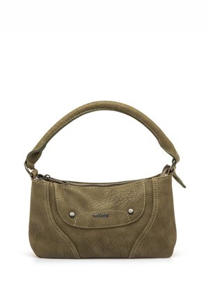 Petit sac à main en cuir vert olive avec une courte bandoulière, poche avant à rabat et clous argentés, affichant le nom de la marque "ming."