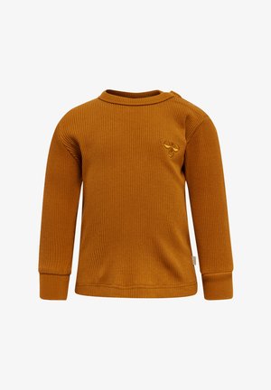 Langärmliges, senfgelbes Ripp-Oberteil mit Rundhalsausschnitt, das ein kleines gesticktes Bienenmotiv auf der linken Brust und an den Bündchen aufweist.