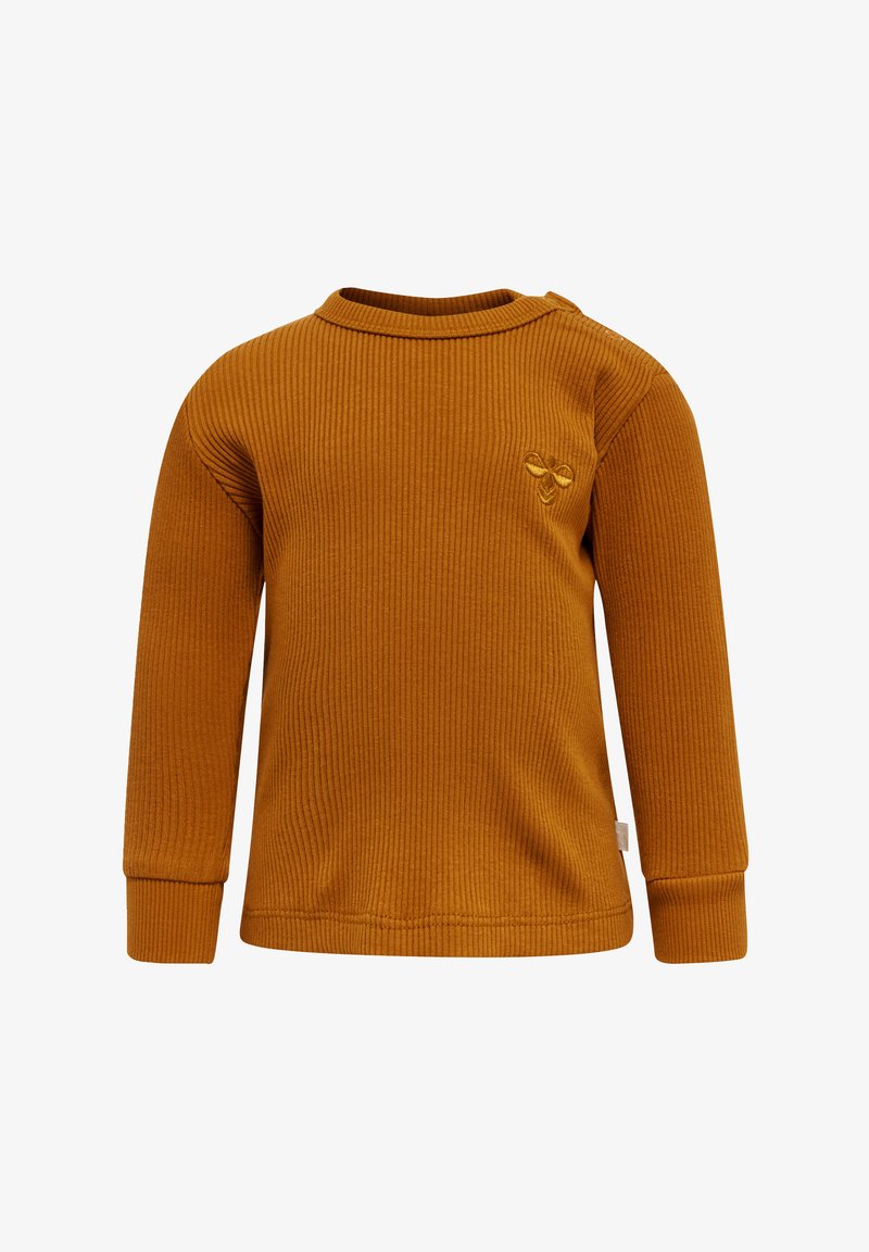 Langärmliges, senfgelbes Ripp-Oberteil mit Rundhalsausschnitt, das ein kleines gesticktes Bienenmotiv auf der linken Brust und an den Bündchen aufweist.