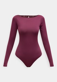 Εφαρμοστό κορμάκι μακρυμάνικο σε βαθύ μωβ χρώμα με δαντέλα στο πίσω μέρος του λαιμού, απεικονιζόμενο σε απλό λευκό φόντο.