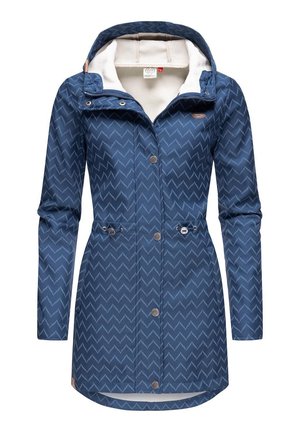 Niebieska długa kurtka z kapturem o wzorze w zygzak, z suwakiem z przodu i zatrzaskami, regulowane sznurki w talii oraz miękkie białe futerko w środku.