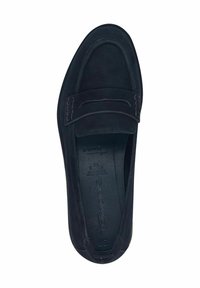 Mustad nubukist valmistatud loaferid, millel on sile tekstuur, esipoolt kaunistav õmblusaksent ja ümar nina disain.