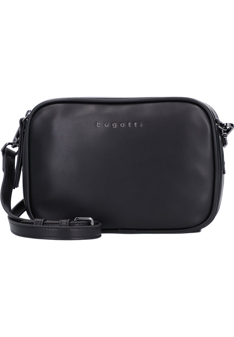 Borsa a spalla in pelle nera con una superficie liscia, chiusura con zip, tracolla regolabile e logo impresso sul davanti. Forma rettangolare.