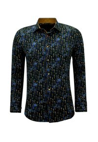 Langarmshirt in donkerblauwe stof met gouden sleutelpatronen. Voorzien van een klassieke kraag, knoopsluiting aan de voorkant en gestructureerde accenten.