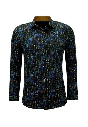 Langarmshirt in donkerblauwe stof met gouden sleutelpatronen. Voorzien van een klassieke kraag, knoopsluiting aan de voorkant en gestructureerde accenten.