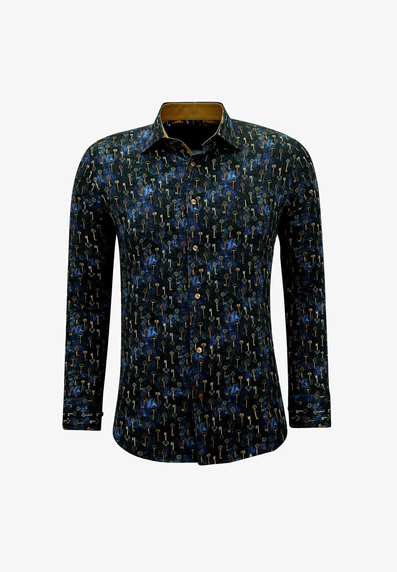 Langarmshirt in donkerblauwe stof met gouden sleutelpatronen. Voorzien van een klassieke kraag, knoopsluiting aan de voorkant en gestructureerde accenten.