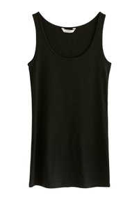 Sort ærmeløs tanktop i glat stof. Har en rund halsudskæring og en lige kant uden udsmykninger. Simpelt og grundlæggende design.
