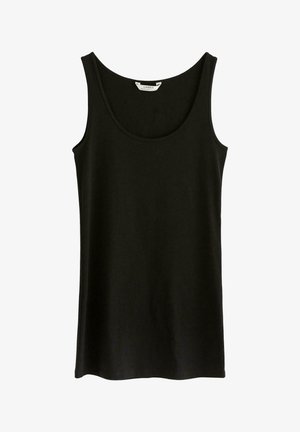 Sort ærmeløs tanktop i glat stof. Har en rund halsudskæring og en lige kant uden udsmykninger. Simpelt og grundlæggende design.