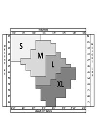 Tableau des tailles affichant "S", "M", "L", "XL" dans des nuances de gris variées, avec des dimensions de hauteur et de poids étiquetées en centimètres, kilogrammes, pieds et livres.