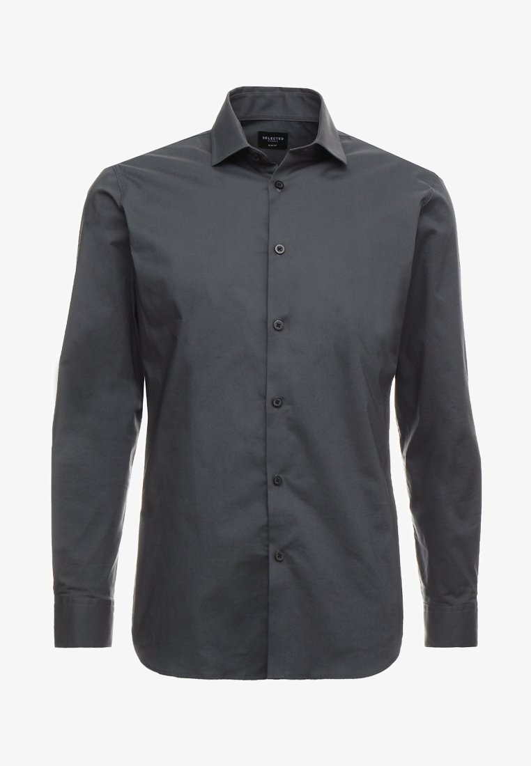 Mörkgrå långärmad skjorta med knappar i slätt tyg, med en klassisk krage och sex svarta knappar framtill.