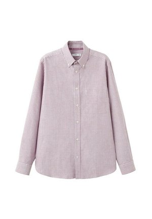 Svijetlo ljubičasta dugih rukava košulja na kopčanje s bijelim okomitim prugama i džepom na prsima sprijeda.
