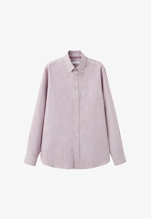 Hellviolettes langärmliges Hemd mit weißen vertikalen Streifen und einer Brusttasche vorne.