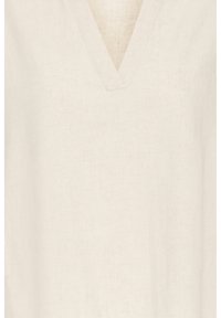 Robe en lin sans manches de couleur ivoire avec décolleté en V et détails de couture simples le long de l'encolure.