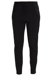 Pantalons noirs fuselés avec une texture lisse, dotés de poches latérales et d'une taille haute. Fabriqués à partir d'un matériau extensible et ajusté.