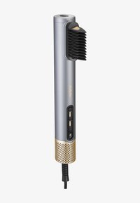 Haarstylingsapparaat met een slanke zilveren behuizing, gouden accenten aan de basis, een getextureerde borstelopzet en bedieningsknoppen aan de zijkant.