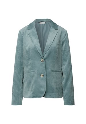 Ljus teal kordflöjtig blazer med snedskurna slag, två framfickor och två knappar. Texturerad tyg med subtila åsar.