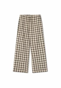 Karierte weit geschnittene Hose in Beige-, Braun- und Cremetönen. Sie verfügt über einen elastischen Bund mit Kordelzug und eine weiche Stofftextur.