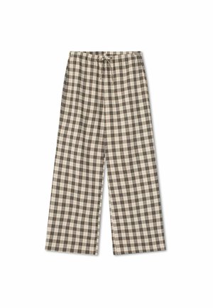 Plaid wide-leg pants in beige, brown, and cream hues. Features an elastic waistband with a drawstring and soft fabric texture.