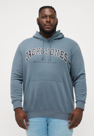 Gray hoodie made of soft fabric with a front pocket, featuring the text "JACK & JONES" in large white letters and drawstring on the hood.