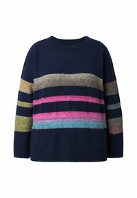 Maglione lavorato a maglia blu navy con righe orizzontali in verde, beige, rosa e blu. Morbido al tatto, con scollatura rotonda e vestibilità comoda.