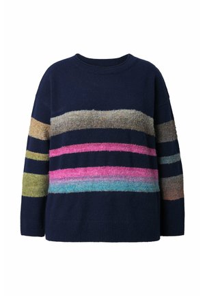 Marineblau gestrickter Pullover mit horizontalen Streifen in Grün, Beige, Pink und Blau. Weicher Stoff, runder Ausschnitt und lockere Passform.