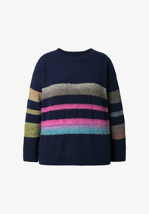 Granatowy sweter dzianinowy z poziomymi paskami w kolorach zielonym, beżowym, różowym i niebieskim. Miękka tekstura, okrągły dekolt oraz luźny krój.