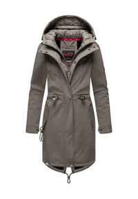 Gray waterproof coat with a hood, cinched waist, and front zipper. Features quilted lining, adjustable drawstrings, and side pockets.