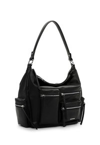 Sac à épaule en cuir noir avec quatre poches zippées, texture lisse, forme courbée et bandoulière réglable pour un transport polyvalent.