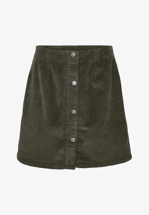 Jupe mini en velours côtelé vert foncé avec une forme évasée, dotée de cinq boutons en métal argenté sur le devant et d'une texture à côtes verticales.